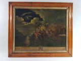 framed painting of a ship in a stormy sea with a bird flying over it