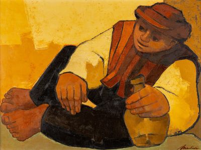 une image représentant un tableau où l'on voit un homme assis par terre, tenant une bouteille