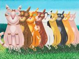 tableau représentant un groupe de chats alignés dans un champ herbeux