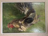 a painting of a rooster that is hanging on a wall