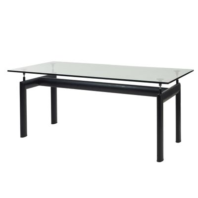 une table en verre avec des pieds noirs et un plateau en verre