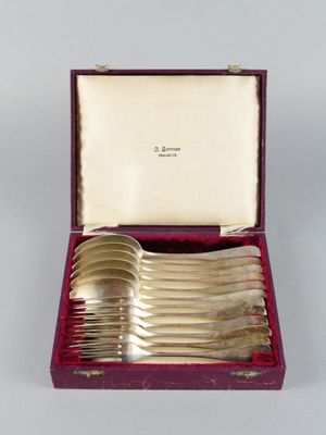 un assortiment d'argenterie dans un coffret rouge posé sur une surface blanche