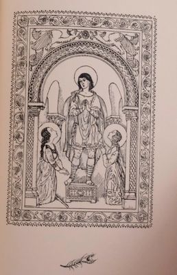 an open book with a drawing of a woman and two children