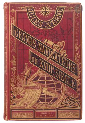 an old book with a red cover and gold lettering on it