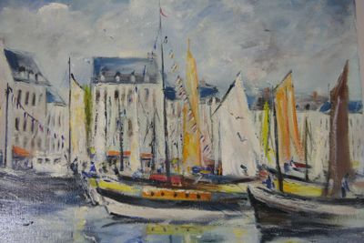 painting of boats in a harbor with buildings in the background