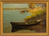 tableau représentant un bateau sur un lac, avec un pont en arrière-plan
