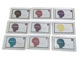 six business cards with different colored heads on them