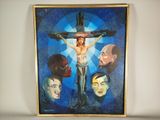 un tableau représentant Jésus sur la croix, entouré d'un groupe de personnes