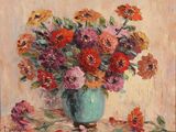 a painting of flowers in a blue vase on a table
