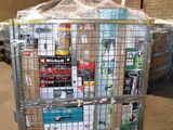 a metal cart with many items in it in a warehouse