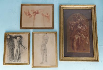 four framed drawings of a man and a woman on a blue wall