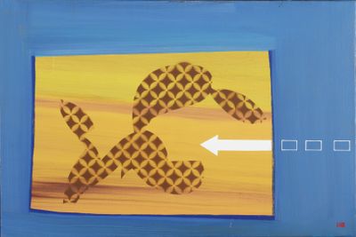 a picture of a painting of a dog on a yellow and blue background