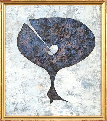 peinture abstraite représentant une horloge dans un cadre doré sur fond bleu