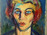 un tableau représentant une femme aux yeux bleus et coiffée d'un chapeau rouge