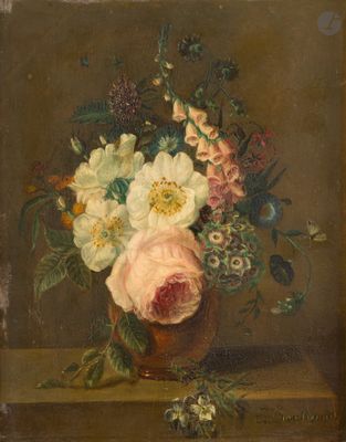 tableau représentant un vase de fleurs posé sur un rebord, avec un papillon