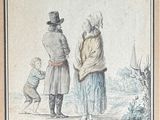 Deux hommes et un enfant se tiennent dans un champ avec un chien.