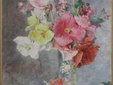 a painting of flowers in a vase on a table