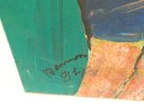 un tableau représentant une femme en robe bleue sur fond vert