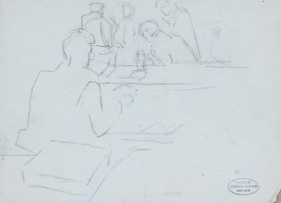 dessin représentant un groupe de personnes assises à une table dans un restaurant