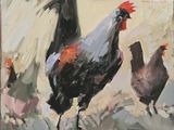a painting of a rooster and two chickens in a field