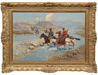 une image d'une peinture représentant un groupe d'hommes à cheval