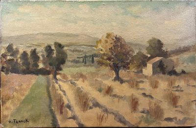 une peinture à l'huile d'un champ avec des arbres au loin