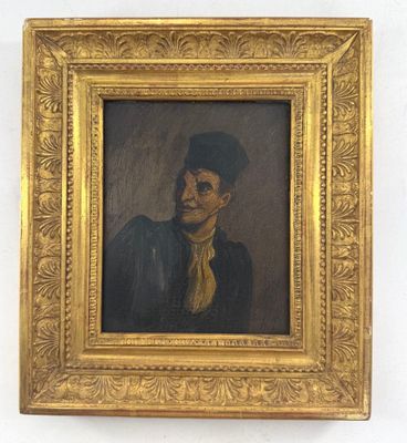 un vieux tableau représentant un homme portant un chapeau et une cravate, dans un cadre doré