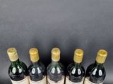six bottles of wine lined up in a row on a table