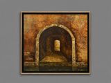 an oil painting of a doorway in a wall with a light at the end of it