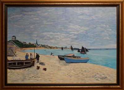 M. HAMELIN (XXe). Pêcheurs et barques sur une plage bretonne. Huile su - Photo 1