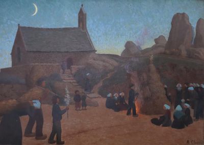 une peinture représentant un groupe de personnes devant un bâtiment