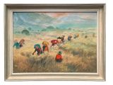 a painting of a group of people with umbrellas in a field