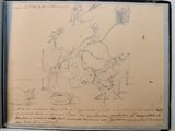 an old book with a drawing of a man sitting on a chair