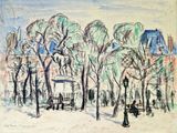 dessin représentant une scène de rue avec des arbres et un banc au premier plan