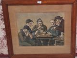 tableau représentant un groupe d'hommes assis autour d'une table en train de jouer aux cartes