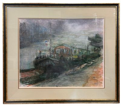 painting of a boat docked in a harbor with a foggy sky
