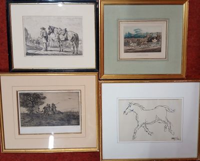 trois tableaux encadrés représentant des chevaux et un homme à cheval, réalisés par un artiste