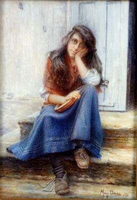 tableau représentant une femme assise sur une marche, la main posée sur le visage