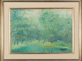 une peinture à l'huile représentant un bateau sur une rivière au milieu d'un paysage boisé
