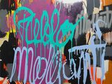 painting of a vase with spray paint on it with words on it