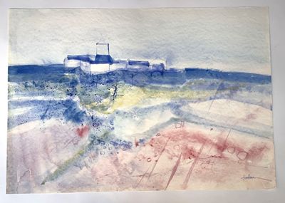 aquarelle représentant une maison sur une plage sous un ciel bleu