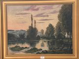 an oil painting of a river with trees and rocks in the foreground
