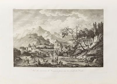 un vieux dessin représentant un paysage de montagne avec un château au loin