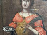 painting of a woman holding a plate with a halo above her head