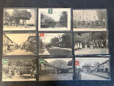 several old black and white photographs of a train station