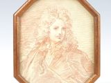 portrait d'une femme dans un cadre en bois sur fond blanc