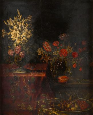 painting of a still life of flowers and fruit on a table