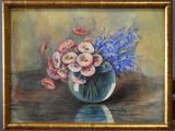a painting of flowers in a vase on a table