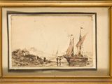 une image d'une photo d'un tableau représentant un bateau sur un plan d'eau