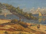 a painting of boats on the beach by the water